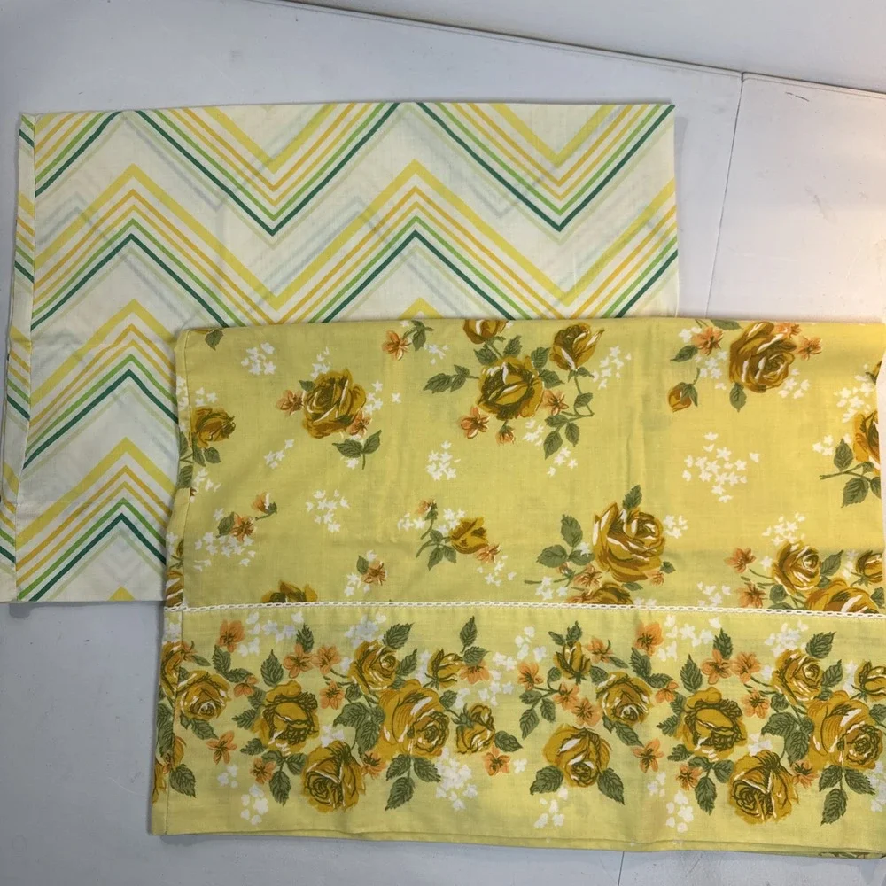 Vintage Cannon Monticello Pillowcase Set Yellow Floral Green Chevron 70s Muslin